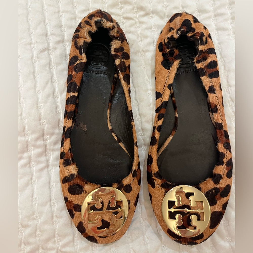 Tory Burch Leopard-Print Reva Flats with Gold Logo